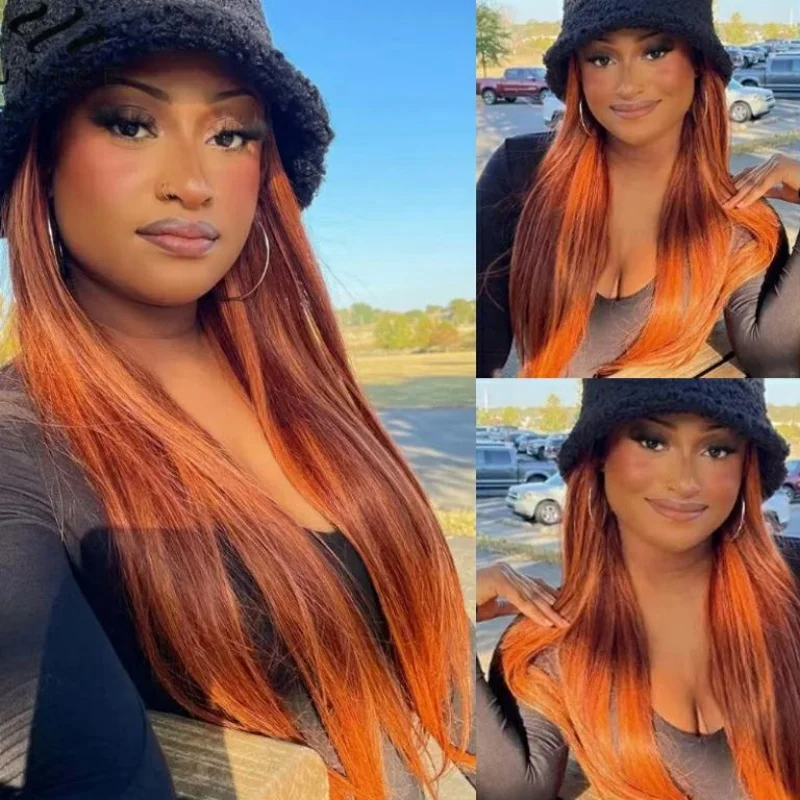 4/350 Brown Ginger Orange Color 13x6 Straight For Women Transparent Lace Front Human Hair Wigs Pre Plucked 200%Density Brazilian