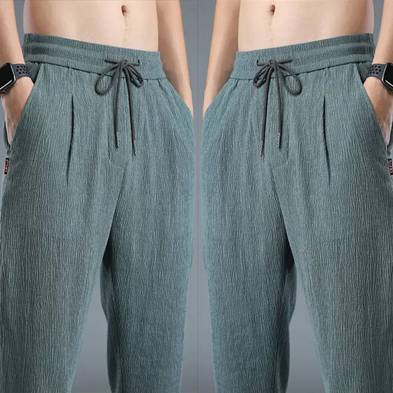 Male Motion Trousers Ice Shreds Nine Points Flax Ultrathin Breathable Loose Fitting Straight Cylinder Cotton  Linen Quick Drying