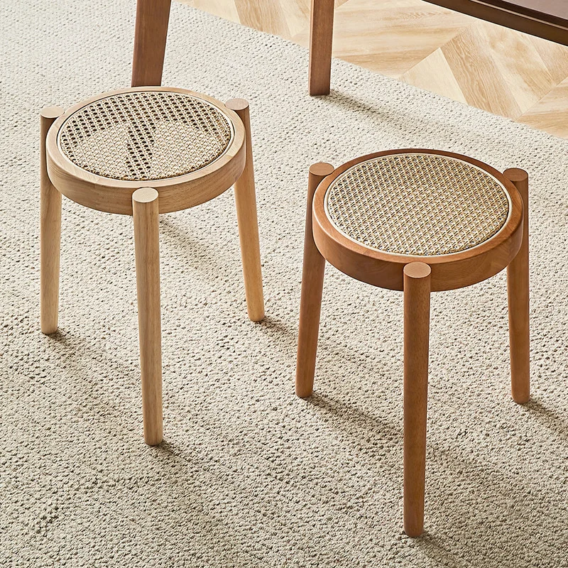Nordic Solid Wood Rattan Woven Round Stool Casual Low Stool Light Luxury Rattan Woven Household Small Bench for Stacking Shoes