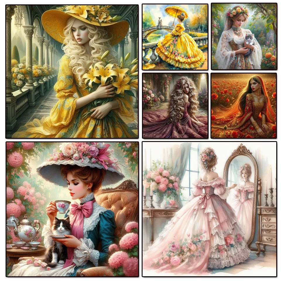 다이아몬드 그림 아름다운 복고풍 유럽 여자 꽃 새로운 구슬 자수 모자이크 5D..