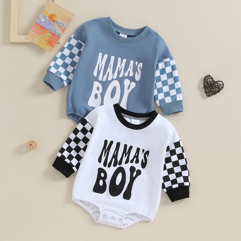 2023-10-12 Lioraitiin 0-12M Newborn Baby Boy Rompers Checkerboard Long Sleeve Round Neck Letter Print Bodysuits Playsuits