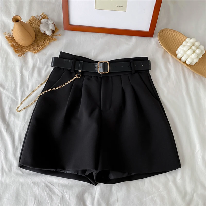 2021 High Waist Thin Women's Office Shorts Wide Legged A-Line Suit Shorts Female Korean Style Casual New Short Pants with Belt american eagle shorts Shorts