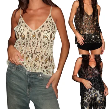 2025 New Fashion Women's Sequin Slim Camisole Spaghetti Strap V-Neck Slim Fit Cropped Tank Tops Streetwear 1