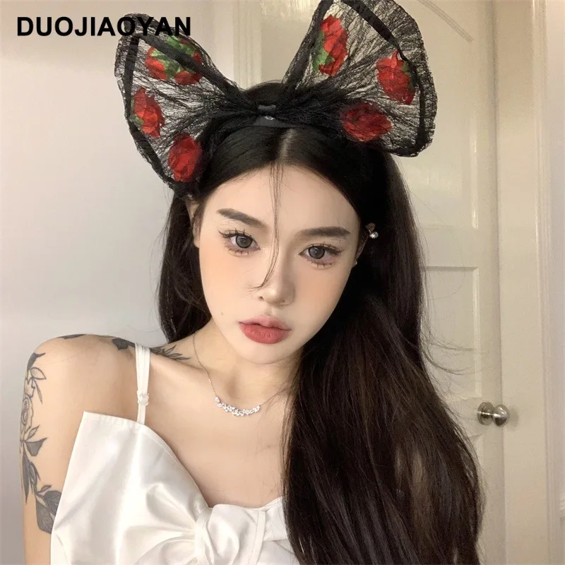 New Sexy Black Lace Ribbon Small Rose Flower Big Bow Headband Korean Cute Three-Dimensional Headband Wholese