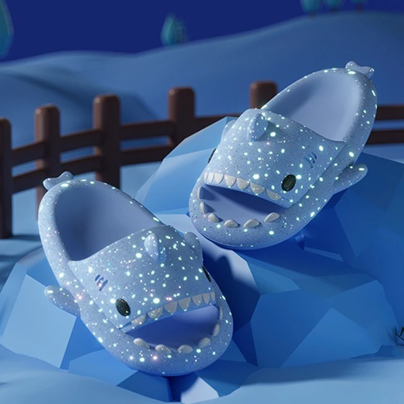 Shevalues Starry Shark Slippers Women Summer New Night Light Thick Platform Shark Slides Men Outdoor Women Beach Flip Flops 2023