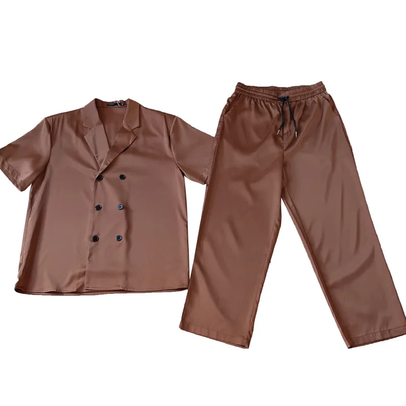 Summer Sets Men Fashion Double Breasted Short Sleeve Shirt/Trousers Two Piece Set Men Korean Loose Ice Silk Sets Mens Formal Set 5