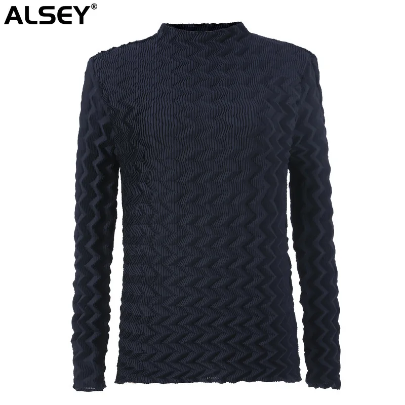 

ALSEY Miyake Pleated Fashion T-shirt Top for Women Autumn Winter New Loose Elastic Long Sleeve Half Turtleneck Versatile Top