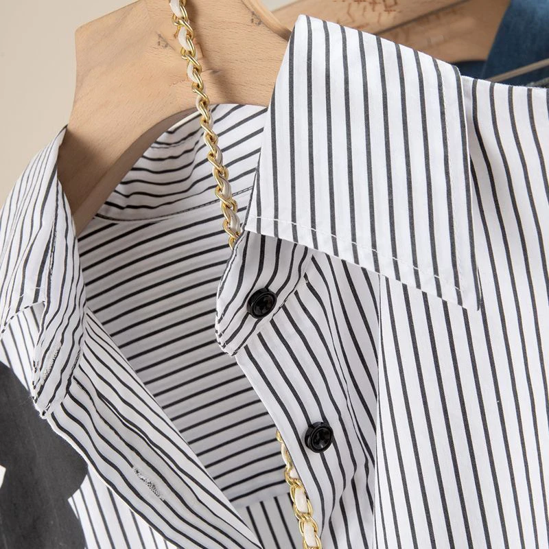 Turn-down Neck Flower Stripe Long Sleeved Loose Shirt And Blouse Clothes Top Casual Single Breasted White Streetwear Women New