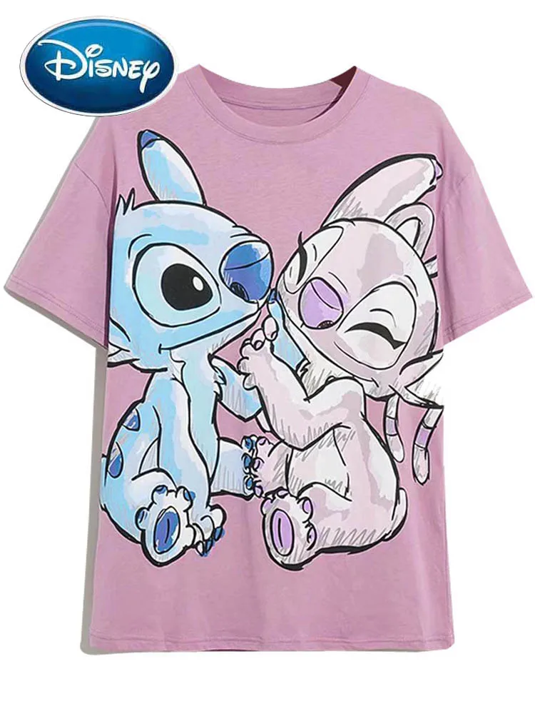 

Disney T-Shirt Fashion Stitch Angel Little Monster Cartoon Print Cute Women O-Neck Pullover Short Sleeve Casual Tee Top Female