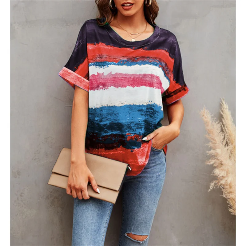 Summer New Casual Top Tie-Dye Striped Loose Short-Sleeved Round Neck Shirt Fashion Plus Size Pullover T-Shirt 2022 Streetwear cheap t shirts Tees