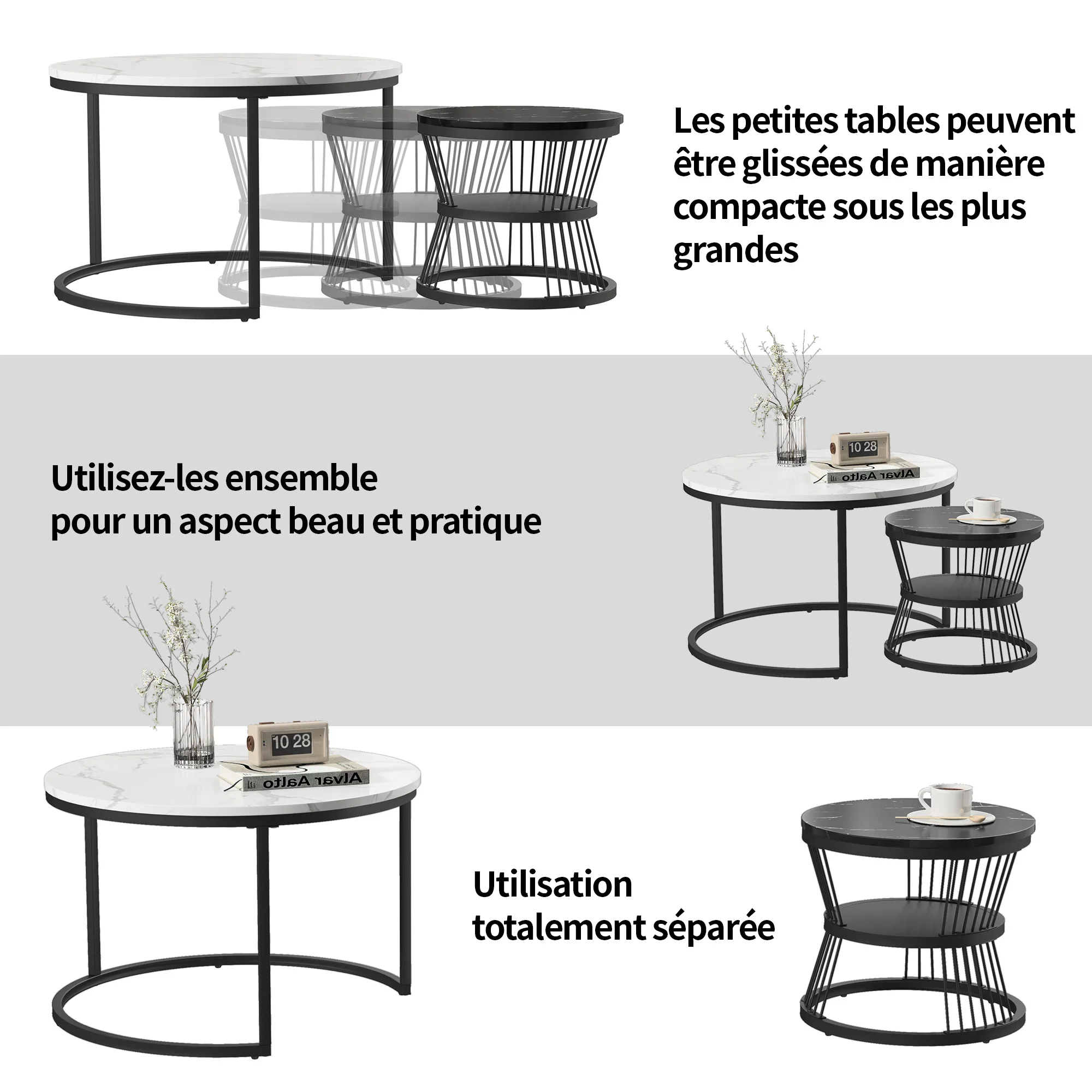 Rosahqnda Marble Look Coffee Table,Round Gold/Black Frame,Set of 2,Modern Living Room Stackable Table,Side Table for Living Room