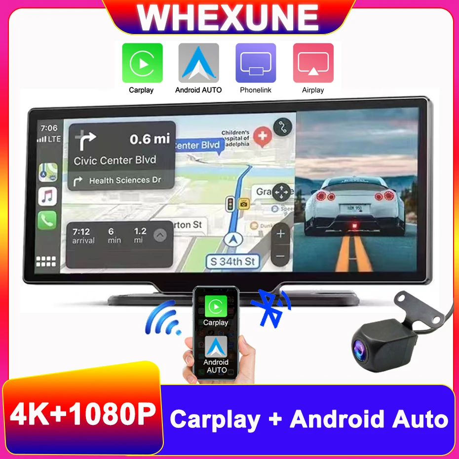 4K 2160P Car Dashcam Recorder Wifi Wireless Carplay E Android Auto Dashboard Camera Video Dvr Fm Aux Output Link Specchietto Retrovisore