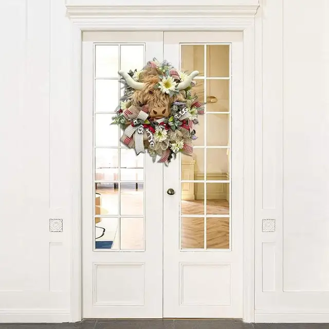 Highland Tehén Koszorú Fa Íjak A Fej Ajtó Virág Koszorúk Tavaszi Elülső Tornác Dekoráció Minden Évszakhoz Kültéri - Image 5