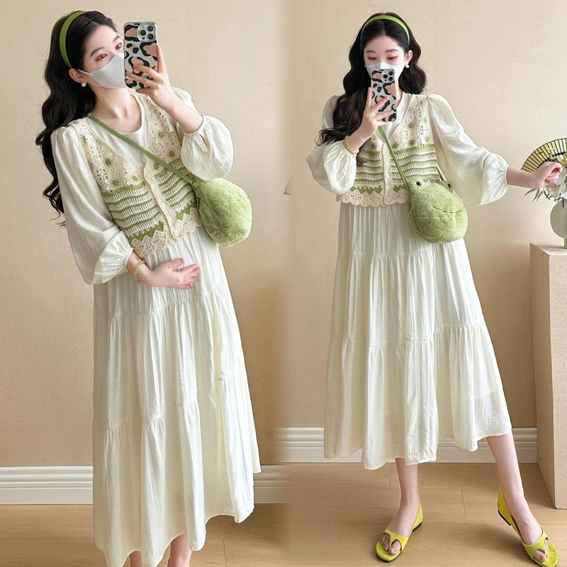 Korean Style Pregnant Woman Dress Suits Fashion Striped Vest Long Sleeve Ball Gown Dress Twinset Plus Size Maternity Clothes Set