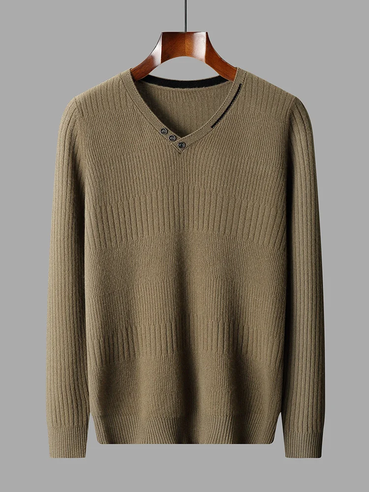 Autumn Winter New 100% Pure Wool Cashmere Sweater Men's V-neck Knitted Pullover Casual Solid Color Knitted Base Sweater Menswear 3