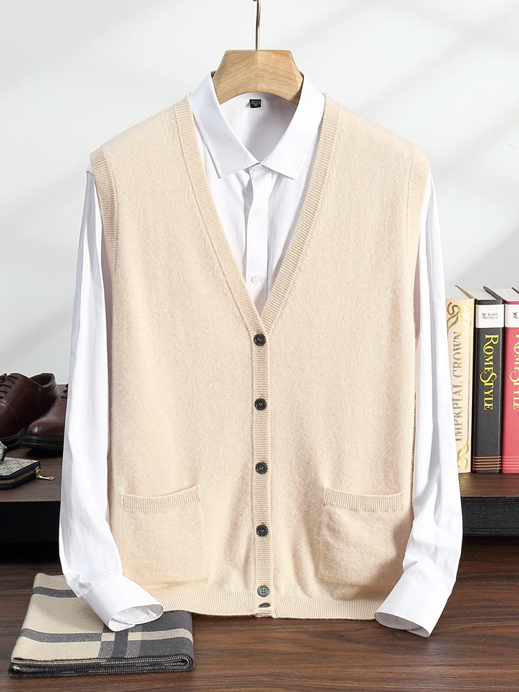 Men's Cashmere Cardigan Vest Autumn Winter V-neck Sweater Basic Sleeveless Cashmere Knitwear Pockets Smart Casual Waistcoat