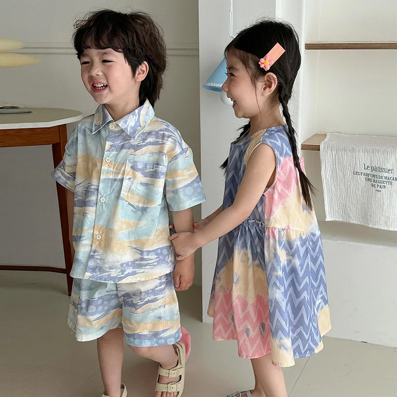 MILANCEL Brother and Sister Outfit Children's Summer Shirt Set 1-8Y Boys' Beach Clothes Loose Casual 2Pcs Suit Girls' Vest Dress