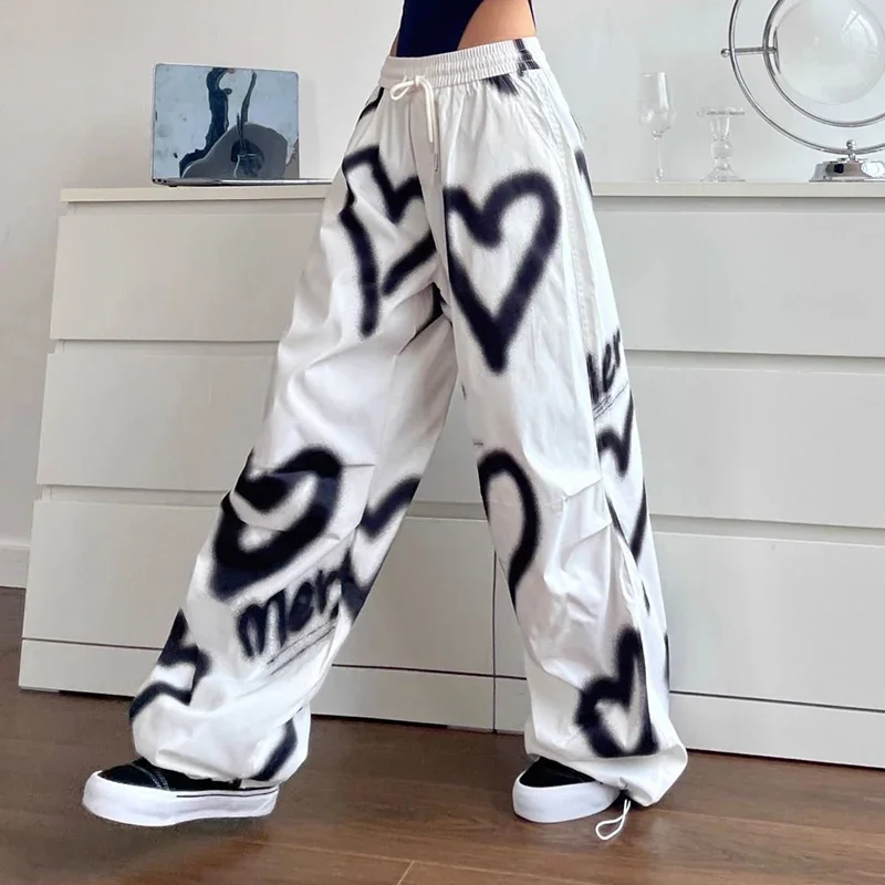 الهيب هوب الأمريكي الحب الكتابة على الجدران المرأة عادية المتضخم السراويل ربيع الخريف موضة مرونة عالية الخصر تنوعا فضفاض بنطلون