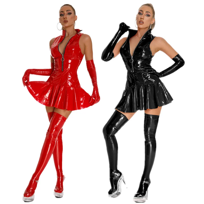 

Women's Exotic Leather Dress Wet Look Sexy Bodycon Pleated Latex Dress High Collar Sleeveless Bottom Flare Mini Dresses