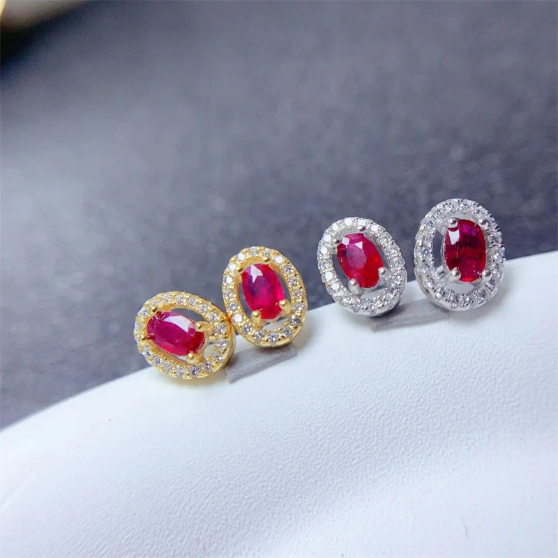 

Authentic 925 Silver Natural Pigeon Red Ruby Stud Earrings Genuine Gemstone with Certificate Women Fine Jewelry Gift