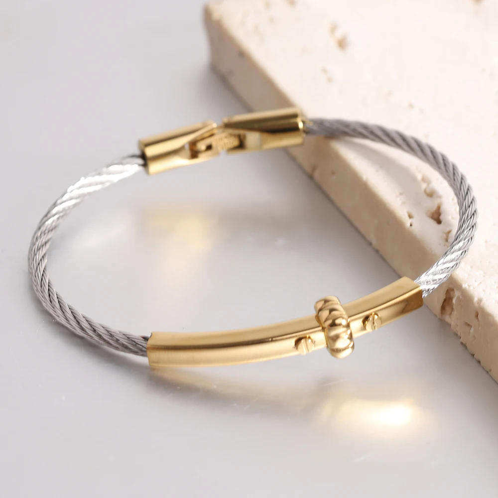 Trendy Braided Wire Bracelet with Metal Bar Accent - Durable Magnetic Lock Jewelry for Men & Women