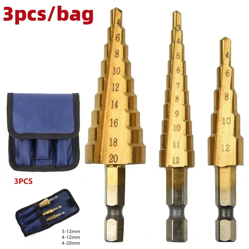 Drill Bit Set 3Pcs Cloth Bag 3-12 4 -12 4-20MM HSS Straight Fluted Pagoda Step Drill Hex Shank Reamer Bit Titanium Coated Wood Metal Hole