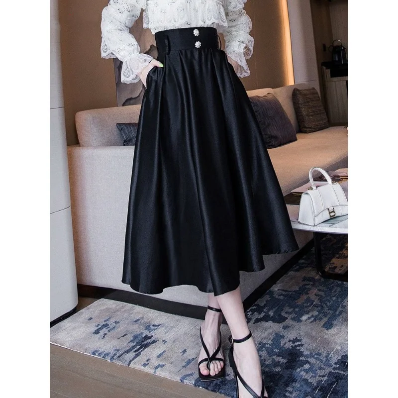 Temperament Black High Waist A-line Skirt Spring Autumn New Solid Loose Pocket Half-length Skirt Elegant Fashion Women Clothing