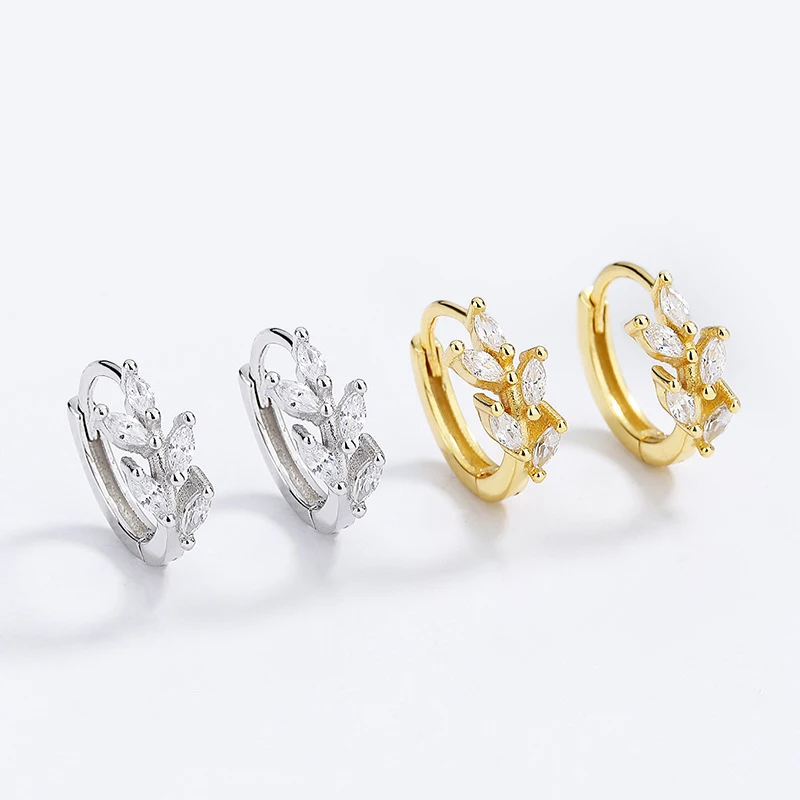 925 Sterling Silver Leaf Zircon Charm Hoop Earrings for Women Wedding DG0103