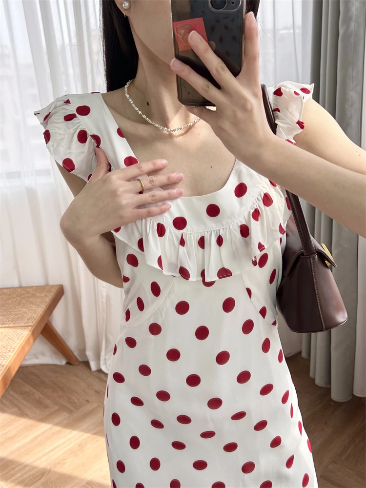 

"Full of confidence" French elegant red polka dot dress 2024 summer ruffled women's vacation long dress Formal dresses for women