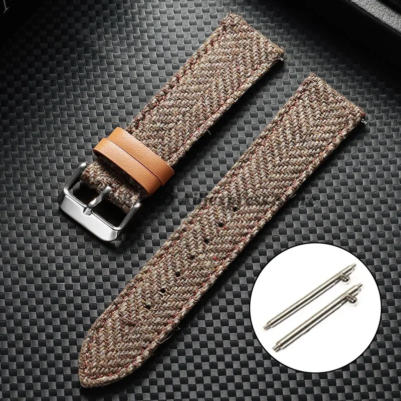 Vintage Leather Tweed Nylon Watchband Strap - Unisex Replacement Wristband with Tweed Fabric Accent