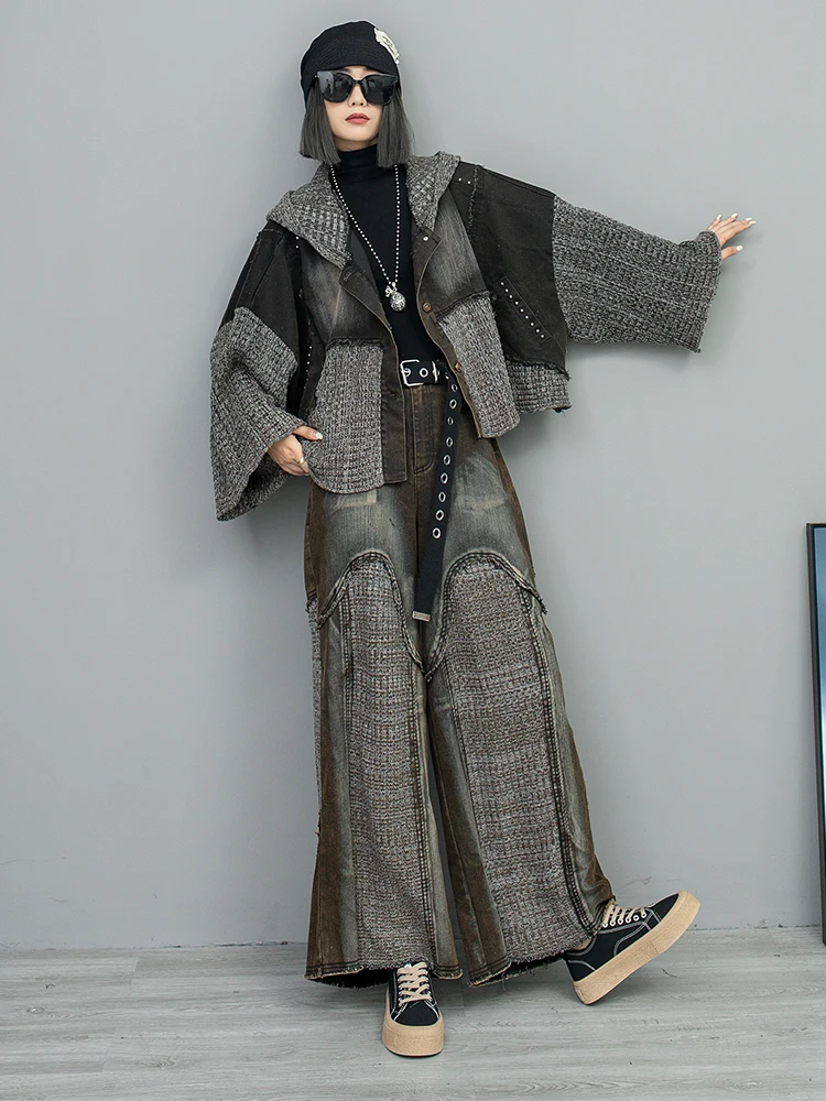 

New Personality Knitted Patchwork Denim Distressed Loose Fashion Suit Women's Autumn Hooded Jacket Wide-leg Pants Two-piece Set