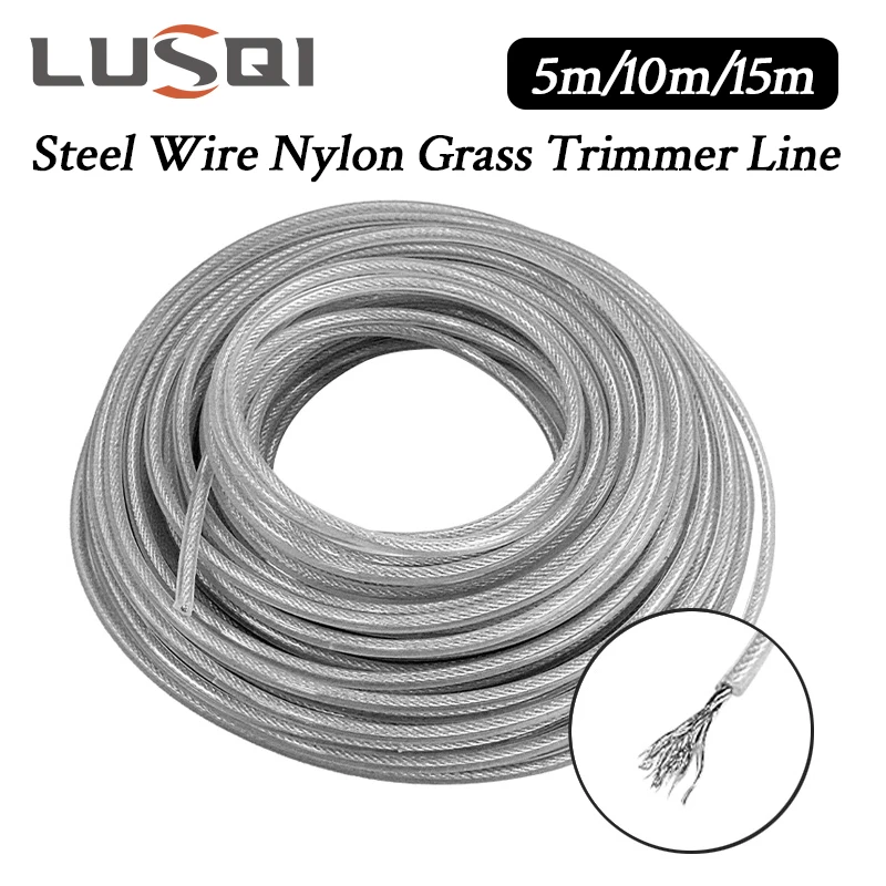 LUSQI 2mm/2.4mm/2.7mm/3mm*5m/10m/15m Steel Wire Nylon Grass Trimmer Line Round Brushcutter Trimmer Rope Lawn Mower Replacement