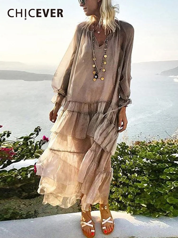 

CHICEVER Spring Patchwork Ruffles Women's Dresses V Neck Petal Sleeve Loose Perspective Holiday Dress Fashion Clothes New