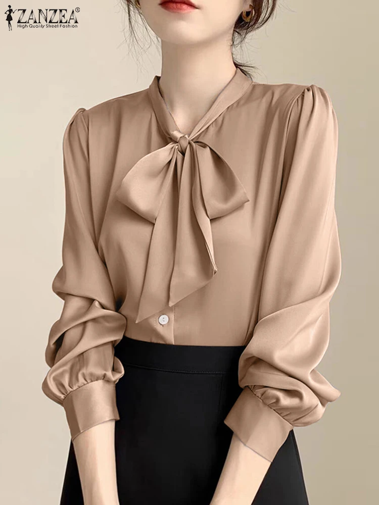 

Элегантная однотонная Рабочая блузка, женская рубашка с длинным рукавом и бантом, офисные женские топы ZANZEA, осенние и весенние блузы, Повседневная Праздничная туника