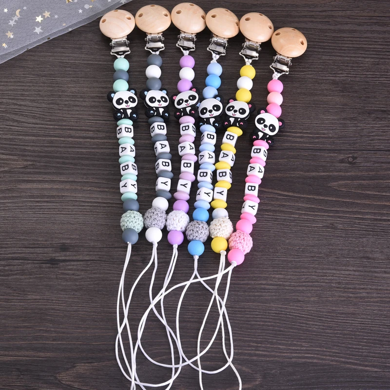 Baby Pacifier Chain Panda Silicone Animal Beaded Safe Teething Soother Chain Care Chew Toy Dummy Holder Clip Personalized Name