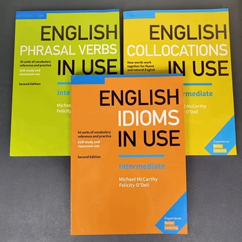 3 libri in inglese con stampa a colori, vocabolario inglese in uso, collocazioni, idiomi, verbi con prefabbricati, libro per livelli intermedio e avanzato
