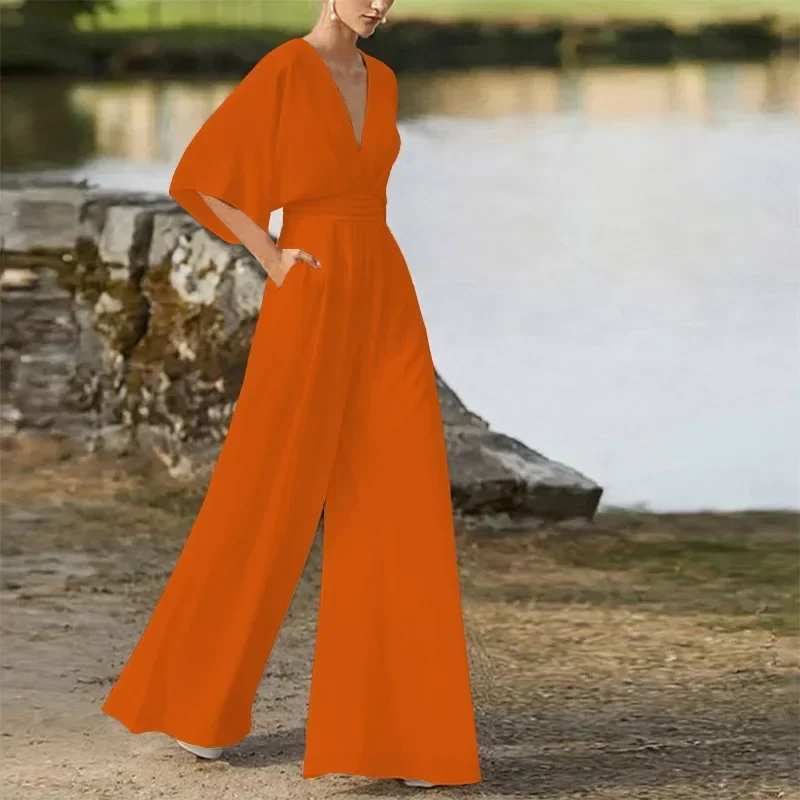 Jumpsuit Women Sexy Elegant V Neck Mid Waist Solid Pants Female Loose Wide Leg Trousers Overall Office Lady Prom Party