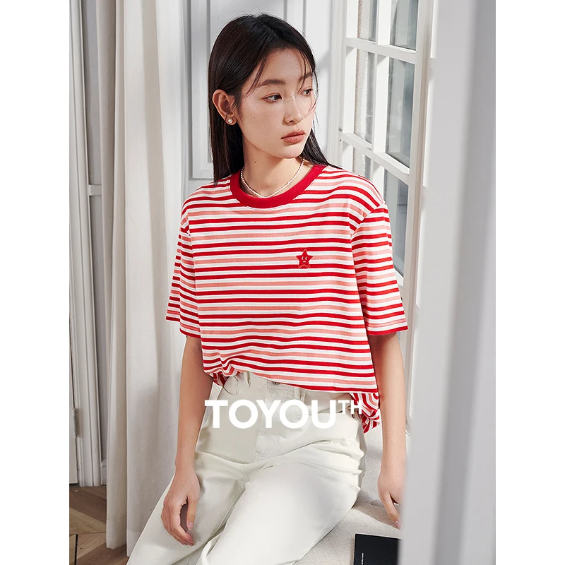 

TOYOUTH Women Stripe T-shirt 2024 Summer New loose Bottomed Shirt Casual Top