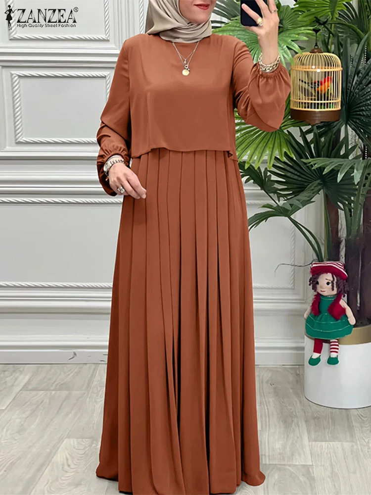 ZANZEA Women 2025 Autumn Dresses Muslim Abaya Robe Femme Fashion Long Sleeve Solid Pleated Dress Loose Kaftan IsIamic Clothing