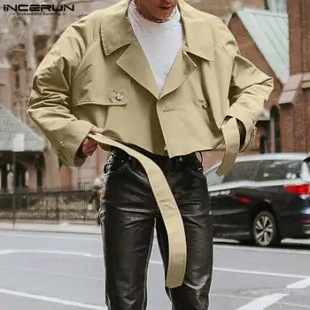 INCERUN 남성용 긴팔 재킷, 라펠, 단색 스트리트웨어, 남성 크롭 코트, 느슨한 캐주얼 재킷, 벨트 S-5XL, 2023 패션
