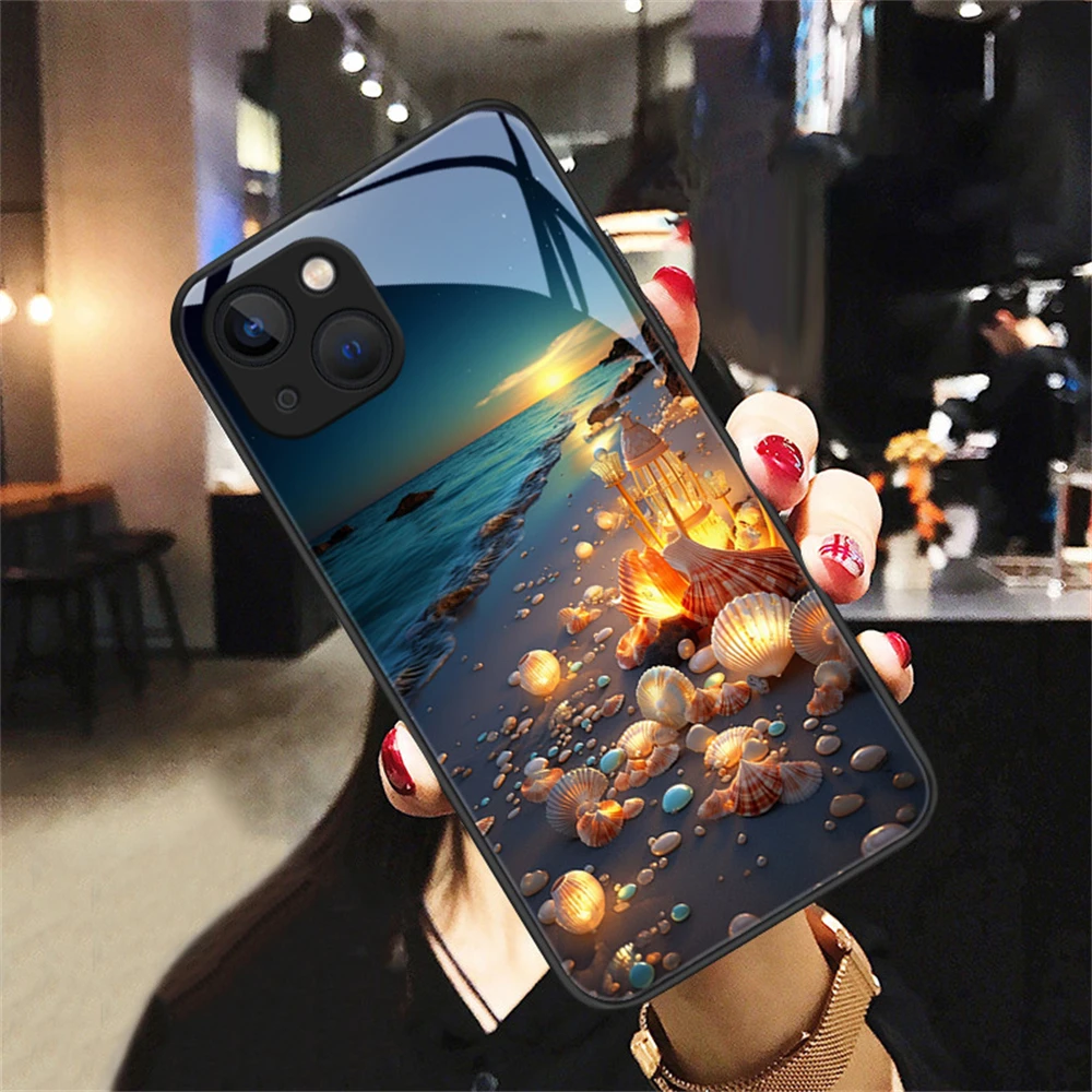 2024 New Arrival Love Beach Smart LED Light Glow Tempered Glass Phone Case For iPhone 15 14 13 12 11 Pro Max XR XS Plus SE2020