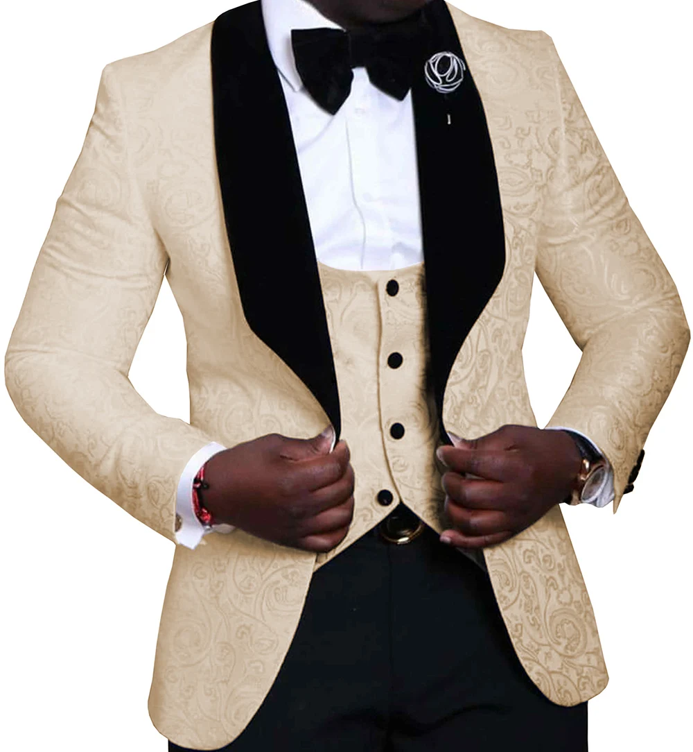 

2023 Champagne Men Suits Floral Jacquard Black Shawl Lapel Groomsmen Tuxedos For Wedding Suits Men 3 Pieces(Blazer+Vest+Pants)
