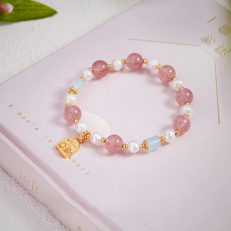 Natürliche Erdbeere Rosa Kristall Armband Frauen Geeignet für Liebe Ehe Weiße Blüte Perle Geschenk High-end-Temperament Schmuck