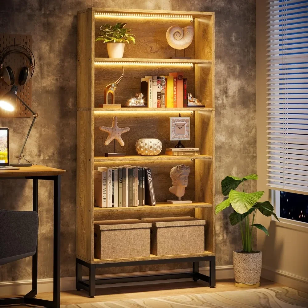 70.8-inch brown bookshelf with LED lighting front view