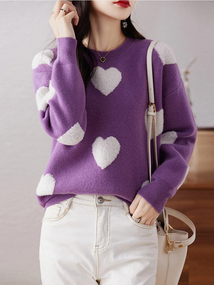

Winter New Korean Clothes Women's Sweater O-Neck Pullovers Purple Women's Clothing Knitwear Long Sleeved Top Fashion Jumpers