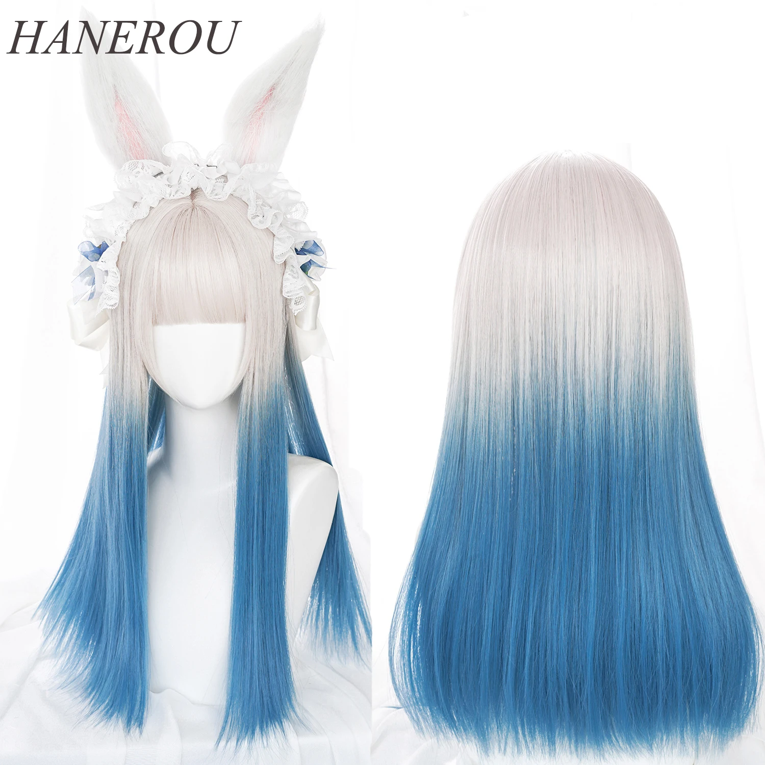 HANEROU Women's Straight Synthetic Long Lolita Wigs With Bang Ombre Two Tone Grey Blue Green Blonde Hair For Cospaly