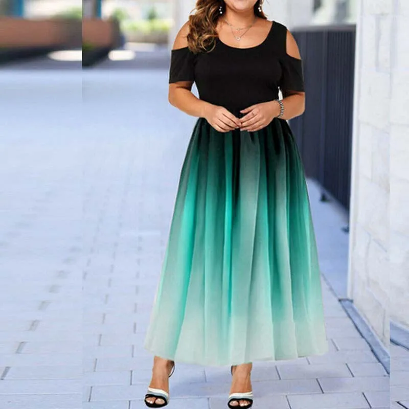 Sexy Off Shoulder Slim Party Plus Size Ladies Dresses Summer Fashion Gradient Ruffles Short Sleeve Maxi Dress Women Vestidos 5XL