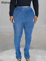Fashion Blue Stripe Plush Stacked Pants Women Sale High Strecth Slim Sports Flare Trousers Fall Y2K Female Streetwear Sweatpants