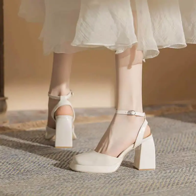 Beige High Heels Ankle Strap Platform Pumps Women Fashion Square Toe Chunky Heeled Sandals Lady Beige Wedding Dress Party Shoes