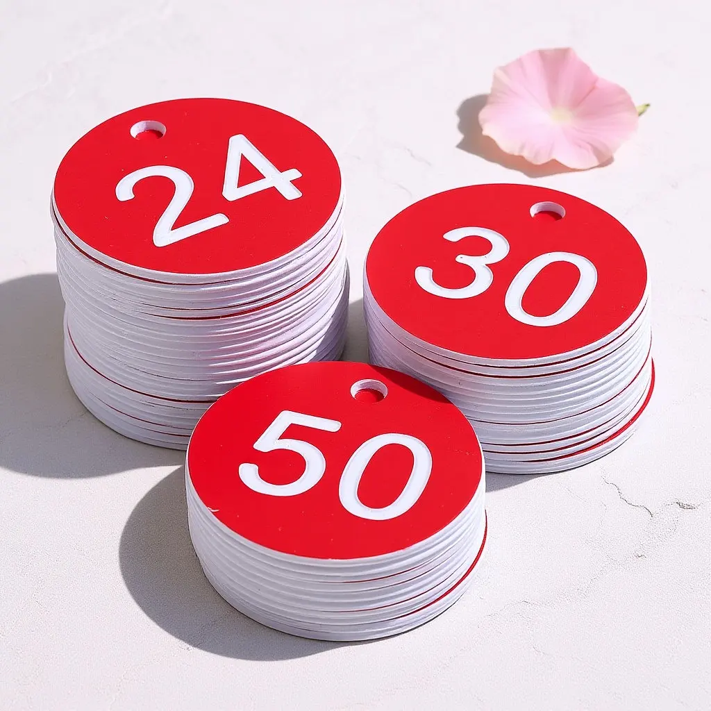 50Pcs 라운드 레드 플라스틱 숫자 태그 1-50(미리 펀칭된 구멍이 있는 흰색 숫자 새겨진) 호텔 스파 체육관용 재사용 가능한 키 라벨